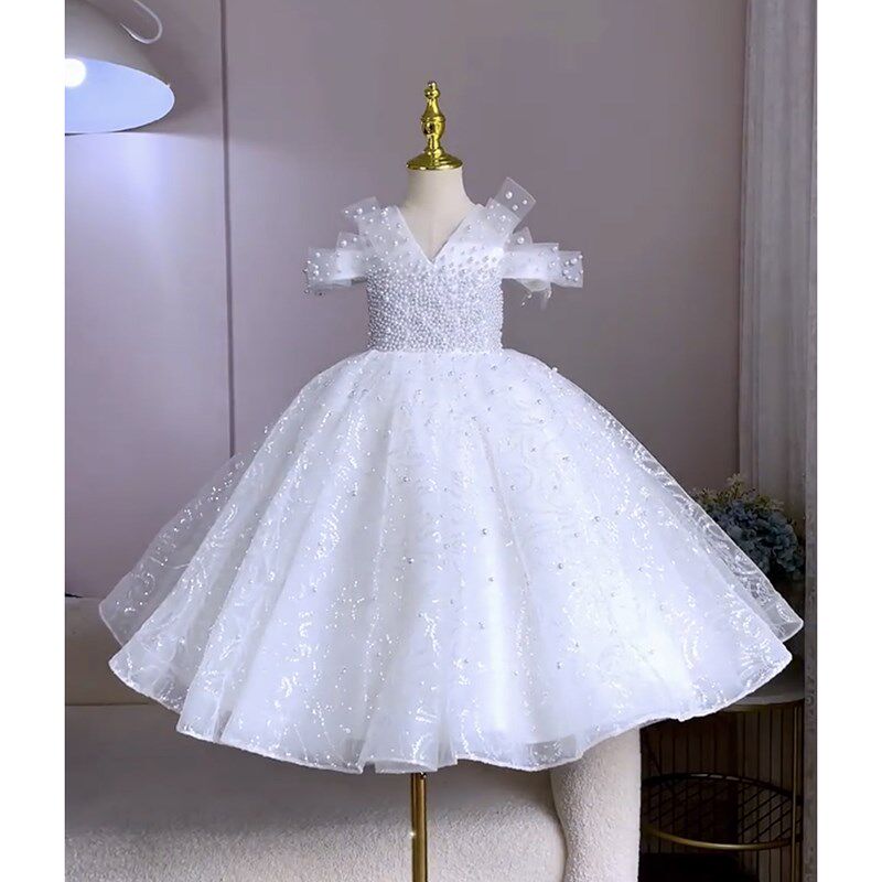 白色高级感儿童主持人小提琴钢琴演奏礼服女童高端公主裙生日夏季