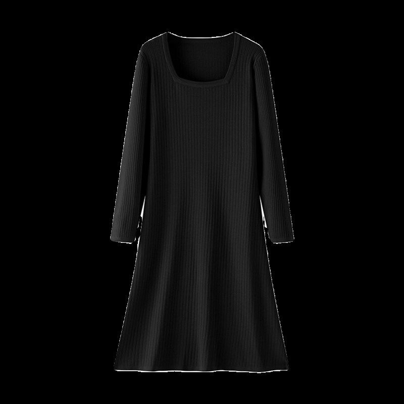 黑色方领收腰显瘦针织连衣裙女春秋内搭打底裙过膝长裙子a字长款,女装/女士精品,连衣裙,淘宝优惠券,粉丝福利购,淘宝优惠卷