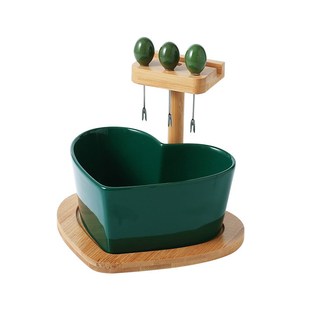 北欧家用客厅心形水果碗创意祖母绿陶瓷水果盘沙拉碗带叉子手机架