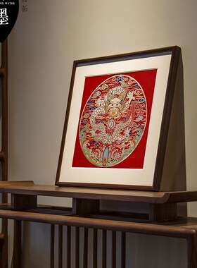 龙纹刺绣锦绫圆纹斗方装饰画卧室客厅红色玄关多福字乔迁春节竖挂