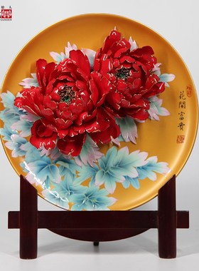 洛阳李学武牡丹瓷盘摆件纯手工陶瓷牡丹花公司会议中秋礼品礼盒装