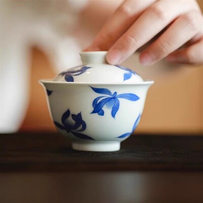 宛玉 迷你青花兰花盖碗一人饮 手绘高温陶瓷品茗杯一口杯茶具套组