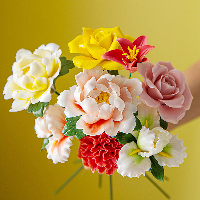 陶瓷仿真花家居客厅装饰花荷花玫瑰牡丹摆件高档中式摆设花瓶花艺