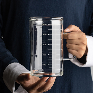 玻璃杯大容量1000ml刻度杯耐高温带盖子喝水杯家用超大号量杯泡茶