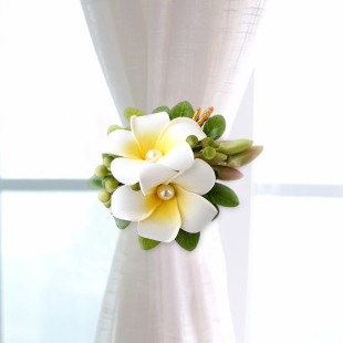 鸡蛋花窗帘挂饰婚礼夹子仿真花挂绳不绣钢纱帘扎带绑带窗纱饰品