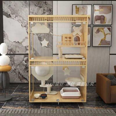 QYC家用定制实木前后全透明全景玻璃猫别墅猫柜猫屋猫房猫笼猫舍