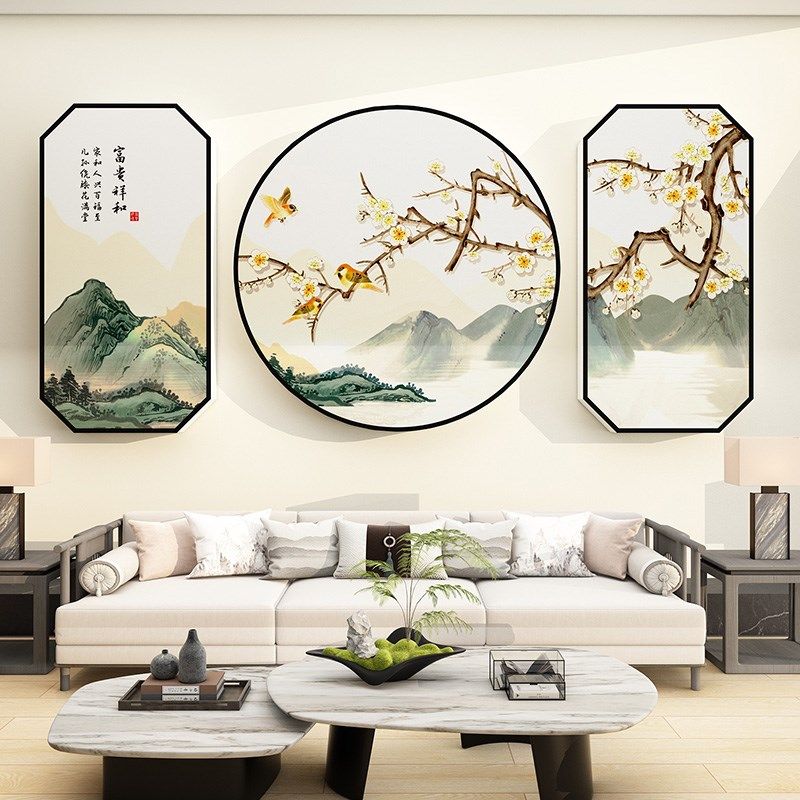 山水画客厅沙发电视背景墙装饰2025新年蛇年房间布置自粘贴纸挂画