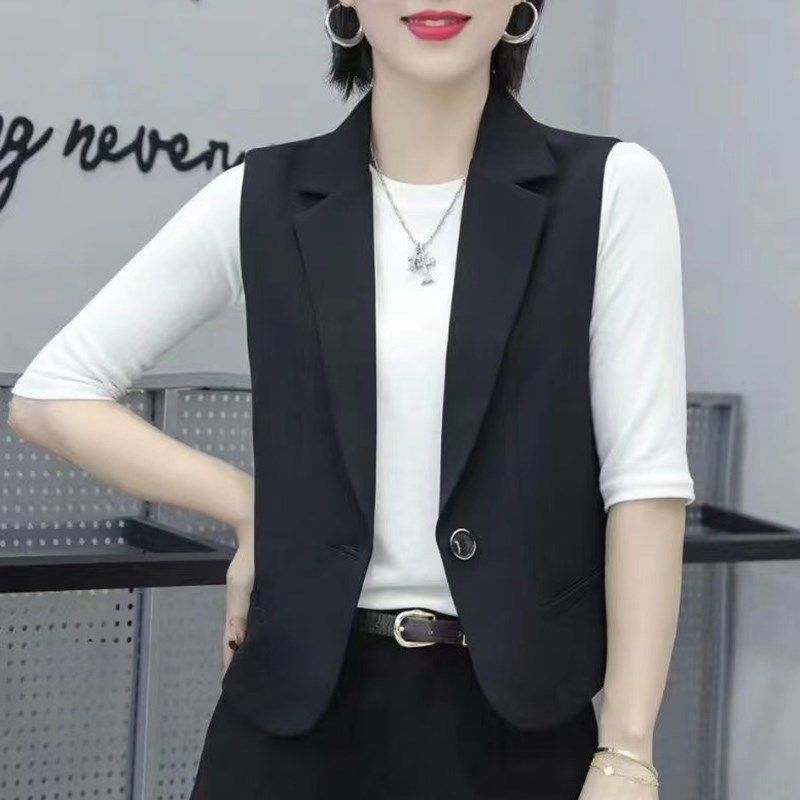 黑色西装马甲女外套二八月春装新款短款收腰修身显瘦外穿西服马夹