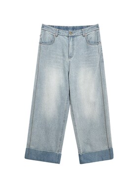 NAZ那子大码2024秋季新款高腰撞色卷边直筒裤胖mm复古阔腿牛仔裤