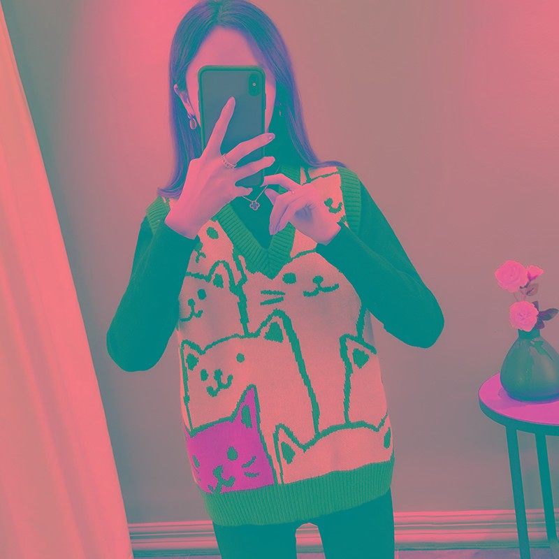 秋装2021年新款V领针织提花卡通马甲背心宽松洋气上衣女士毛线衫