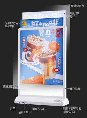 双面LED充电灯箱发光展示牌便携式双面台卡餐桌价格A4透明台卡水