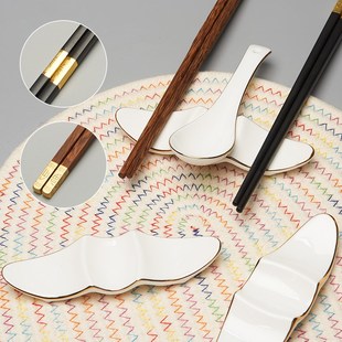 骨瓷双筷子架托陶瓷勺托筷架勺子收纳酒店金边公筷架双人支架托