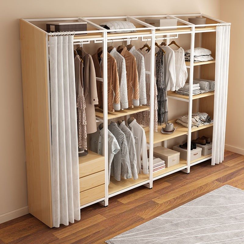 步入式衣柜衣帽间置物架金属铁艺开放式衣架实木挂衣架收纳架带帘,住宅家具,衣帽架,淘宝优惠券,粉丝福利购,淘宝优惠卷
