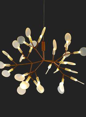 后现代创意个性铁艺LED萤火虫树枝吊灯简约独活亚克力树叶吊灯