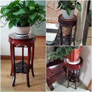 中式花架实木客厅落地置物架室内家用圆形鱼缸架复古风木质盆景架