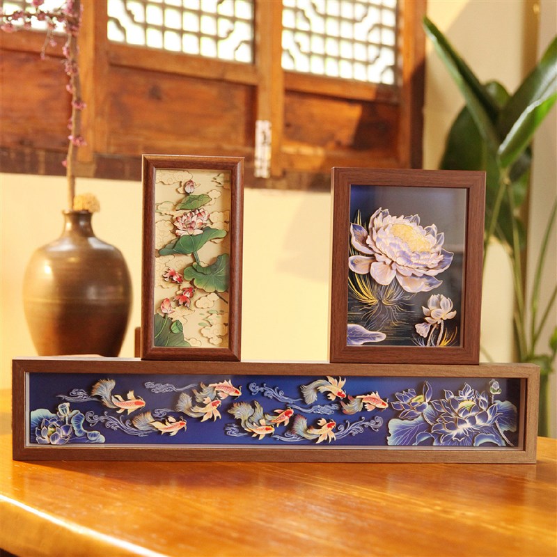 九鲤鱼图3D立体纸艺相框摆件覆古荷花莲花锦鲤实木框金鱼九鱼挂件