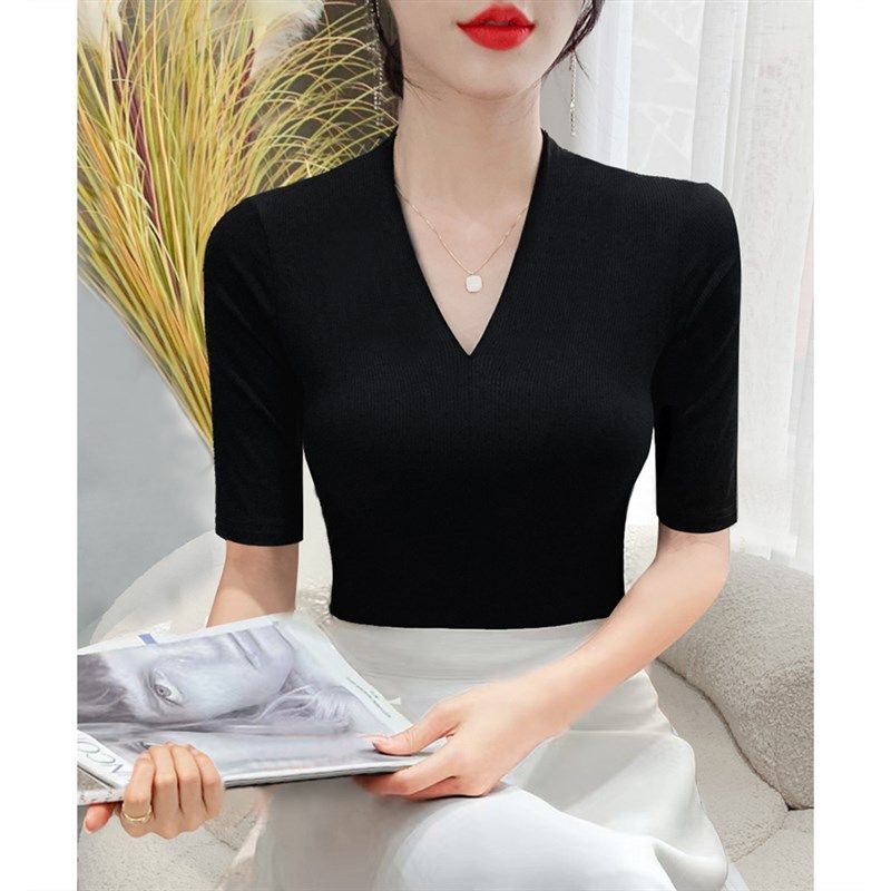 优雅气质 复古V领T恤女秋装长袖针织罗纹修身黑色上衣内搭打底衫