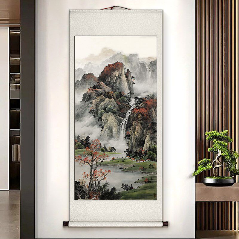 流水生财山水风景画卷轴挂画竖版新中式玄关装饰画正对门书房壁画