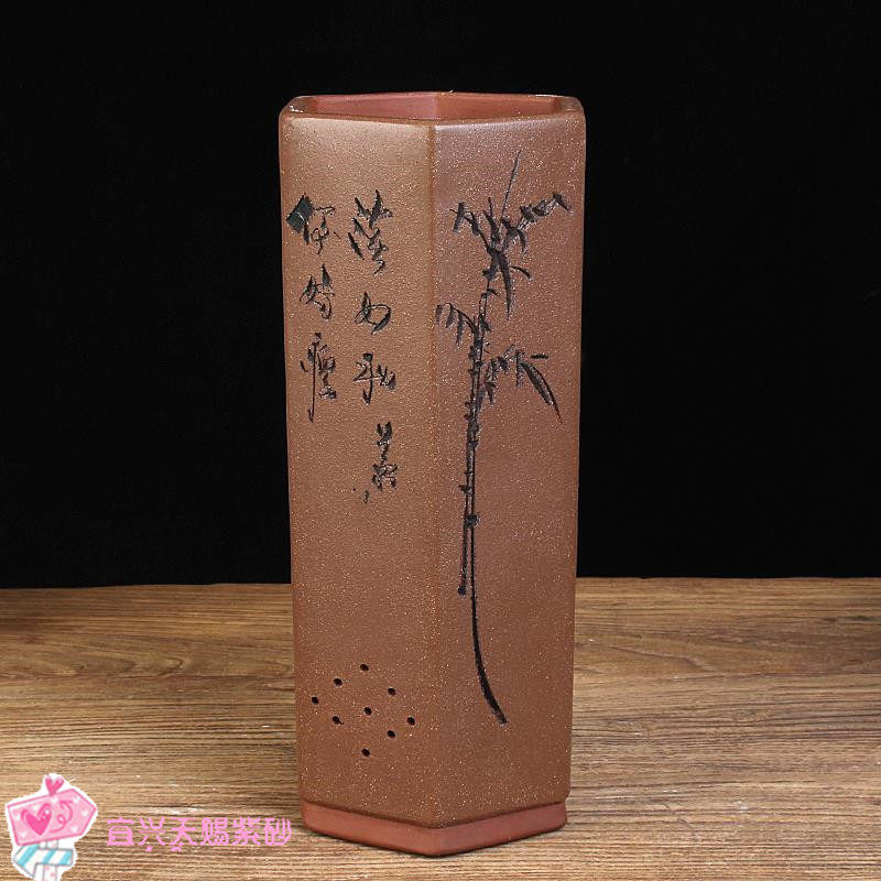 宜兴紫砂花盆高直筒精品六方透气中国风兰花盆绿植花卉盆手工刻绘