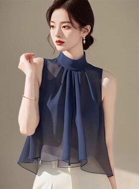 气质蓝色雪纺上衣轻熟法式小众独特漂亮小衫轻奢高级感无袖衬衫夏