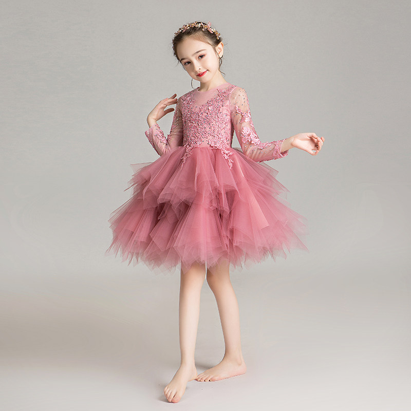 女童晚礼服公主裙蓬蓬纱小花童白纱裙长袖婚纱高端洋气走秀演出服