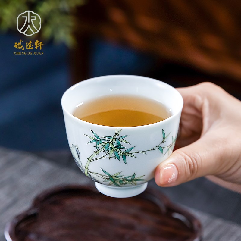 诚德轩景德镇茶杯主人杯功夫茶具手绘粉彩竹报平安宝铃杯陶瓷茶器