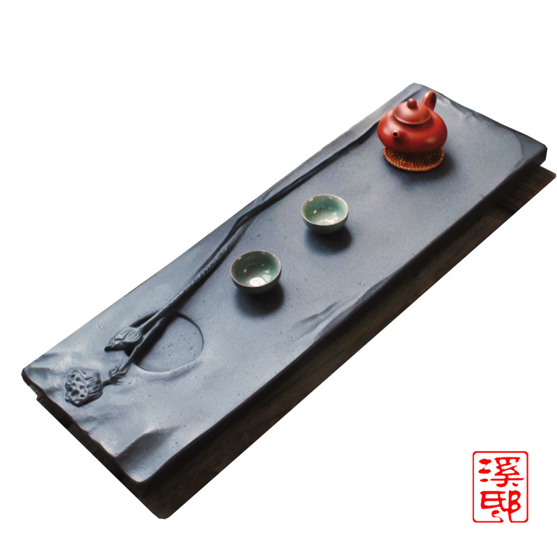 乌金石头茶盘 天然整块客厅排水茶海 复古长方形中式石茶台雕刻盘