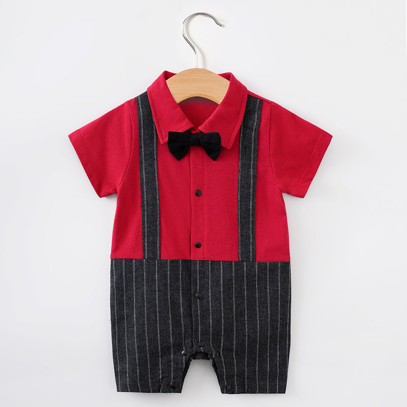一周岁礼服男宝宝夏季装婴儿连体衣红色满月宴百天衣服洋气小西装