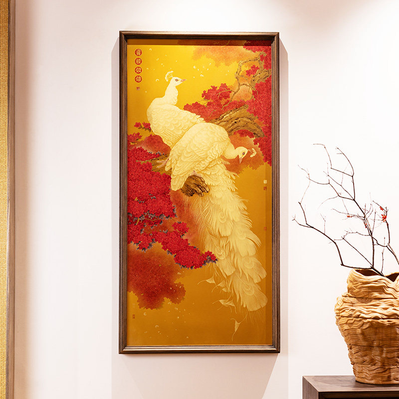 新中式玄关入户挂画沙发背景墙壁画轻奢艺术装饰画孔雀图前程似锦