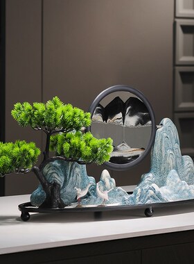 新中式迎客松创意山水流沙画摆件领导办公室高档客厅玄关家装饰品