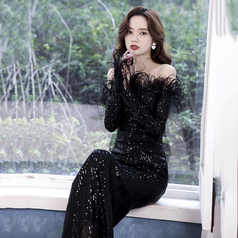 黑色一字肩性感晚礼服女气质亮片鱼尾高级感成人礼宴会长袖连衣裙