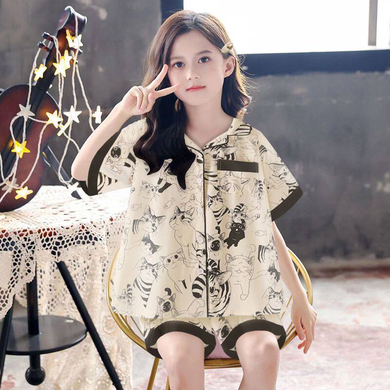 女童睡衣复古手绘风卡通凉感纯棉睡衣女孩夏天短袖少女感家居服