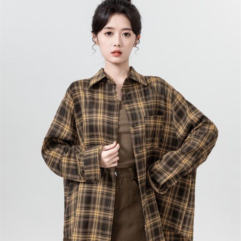 复古polo领格子长袖衬衫外套女2024春秋新款中长款休闲外搭衬衣女,女装/女士精品,衬衫,淘宝优惠券,粉丝福利购,淘宝优惠卷