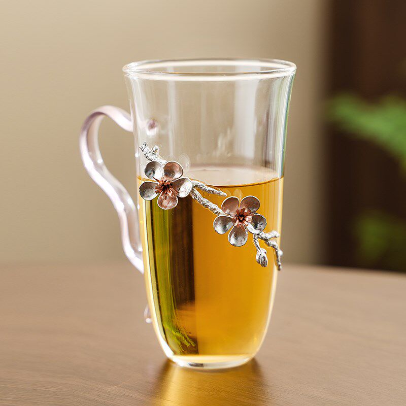 玻璃杯花语绿茶杯女士个人专用高颜值镶花透明喝水杯办公室泡花茶