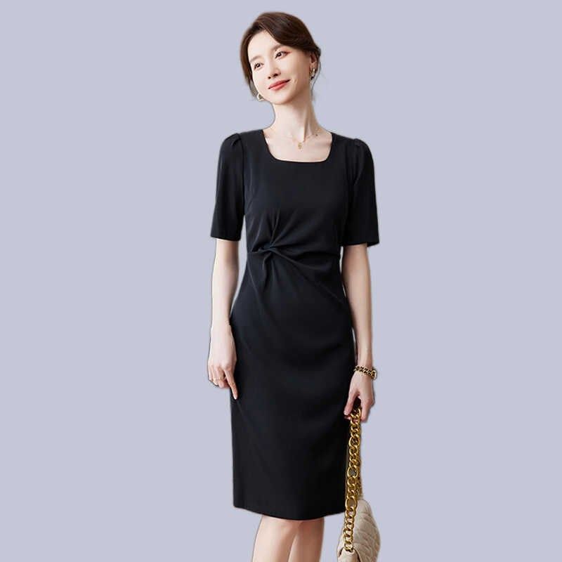 深蓝色短袖职业褶皱修身连衣裙女春夏高级感内搭西装小个子工作服