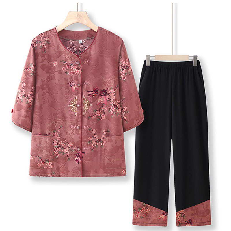 中老年人女装短袖T恤女60-70岁奶奶短袖套装妈妈装两件套老人衣服