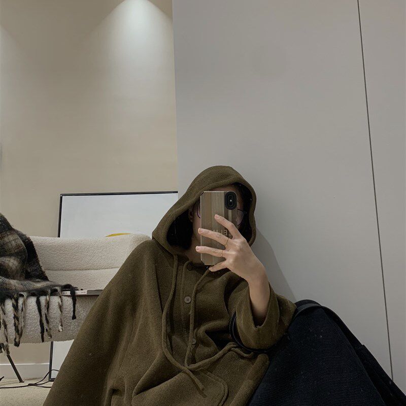 松弛感麂皮质感的不气球珍珠绒加密加厚针织毛衣开衫外套连帽大衣