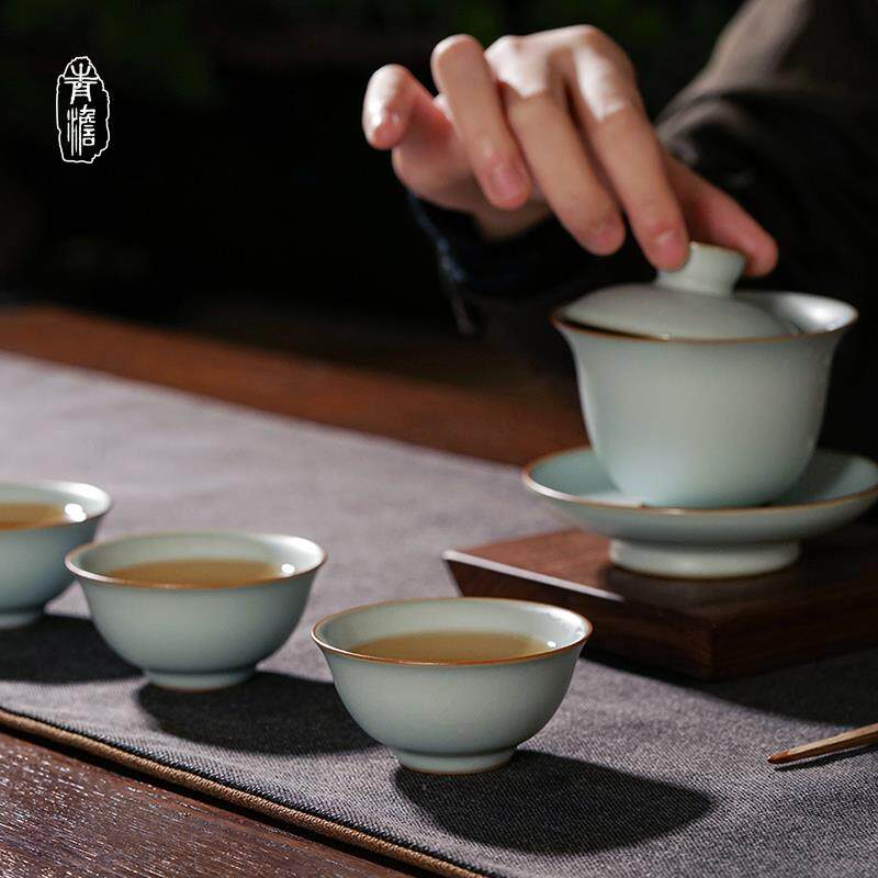 汝窑盖碗茶具套装家用景德镇手工泡茶碗开片可养陶瓷中式青瓷礼品