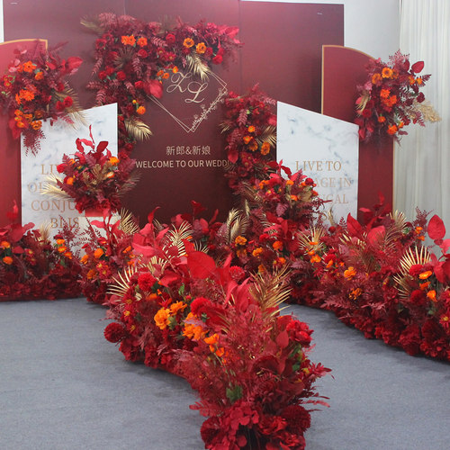 婚庆仿真花艺舞台迎宾区t台装饰红金色地排花路引花点花花排中式