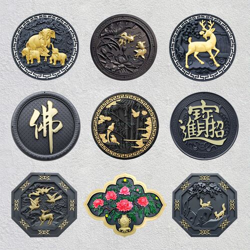 深灰描金挂件大全仿砖雕树脂中式影壁墙仿古浮雕庭院墙面装饰摆件