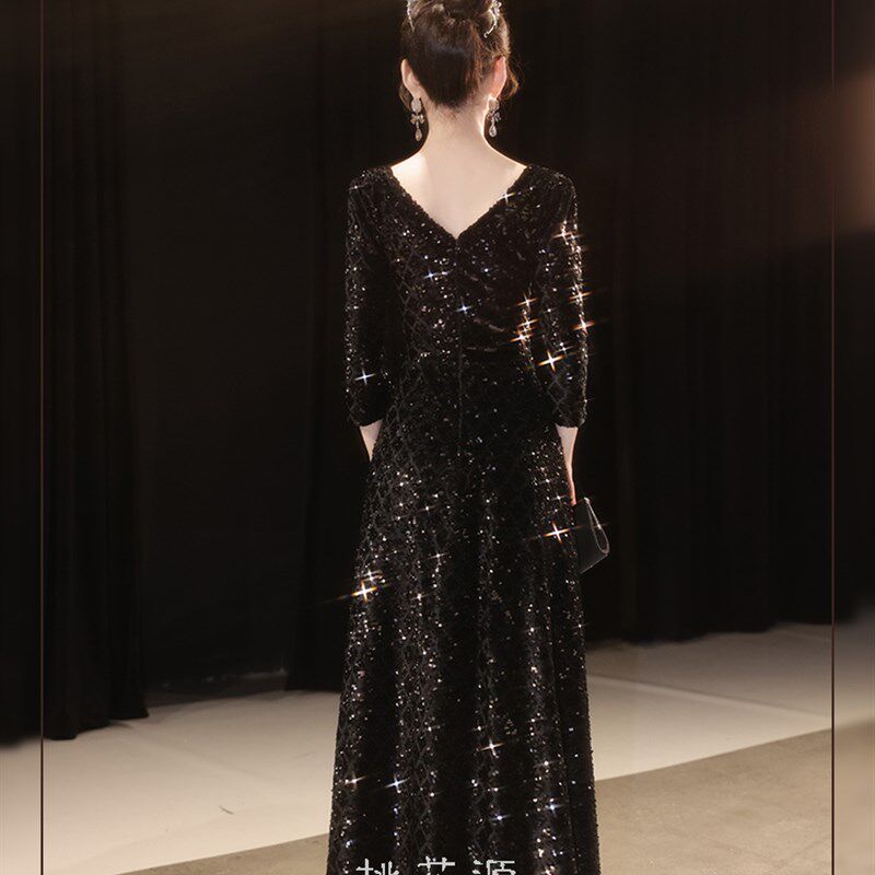 新款女士演出晚礼服敬酒主持舞台亮片长款高端修身黑色宴会订婚裙