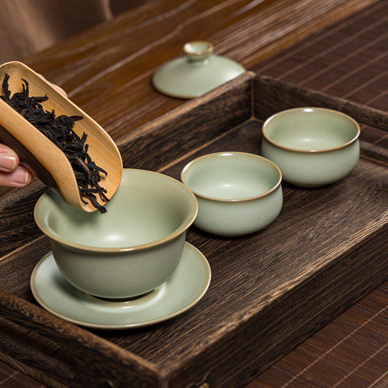 汝窑三才盖碗套装家用泡茶碗景德镇功夫茶具手工陶瓷复古汝瓷礼品