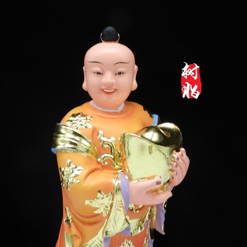 包邮12寸招财进宝童子神像手捧元宝拿字牌童子道像招福纳财摆件