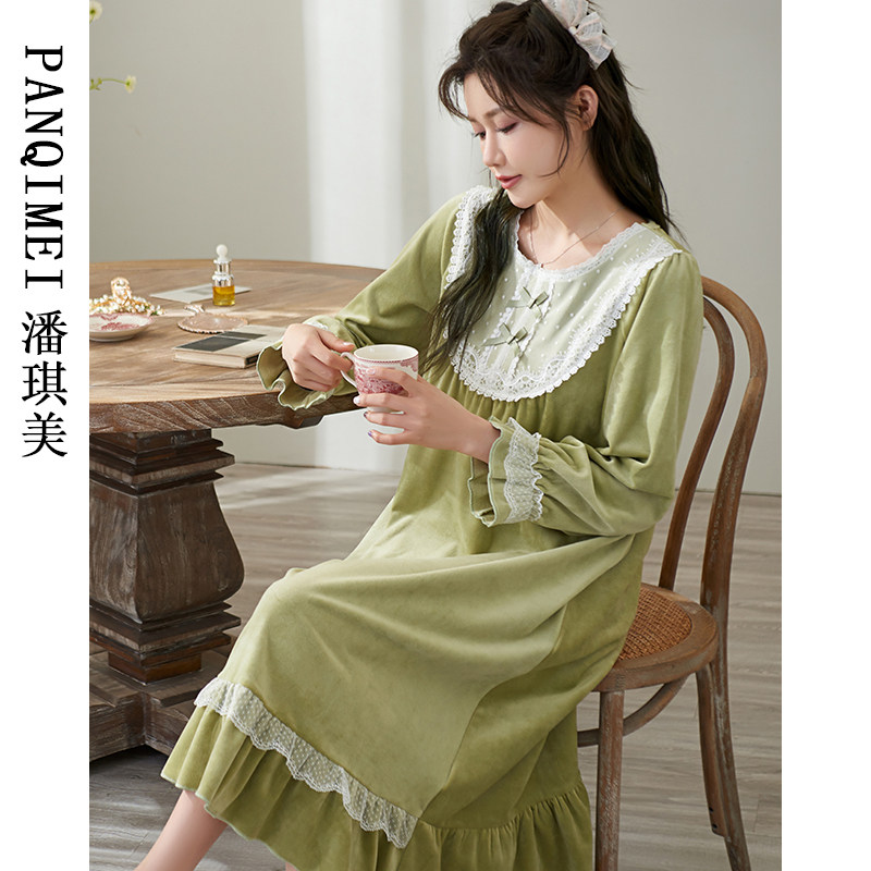秋冬季珊瑚绒睡裙女款春秋加绒宫廷风新款薄款海岛绒家居服绿套装