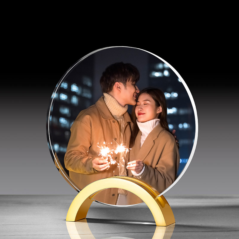 高档圆形水晶照片摆台定制婚纱儿童宝贝成记录diy金属做相框情侣