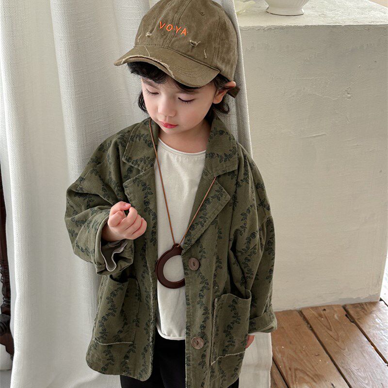 暮晨家新款春装2024男童碎花西装开衫中小童森系复古港风外套西服