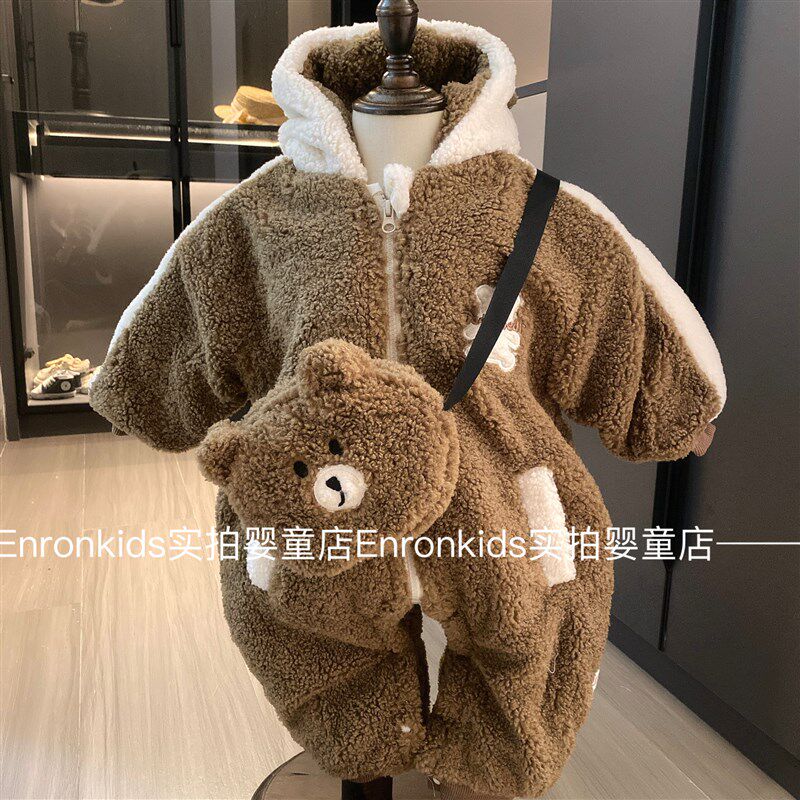 网红奶小西右子丸纸鹿可宝宝冬季衣服加绒棉服套装男女婴儿连体衣