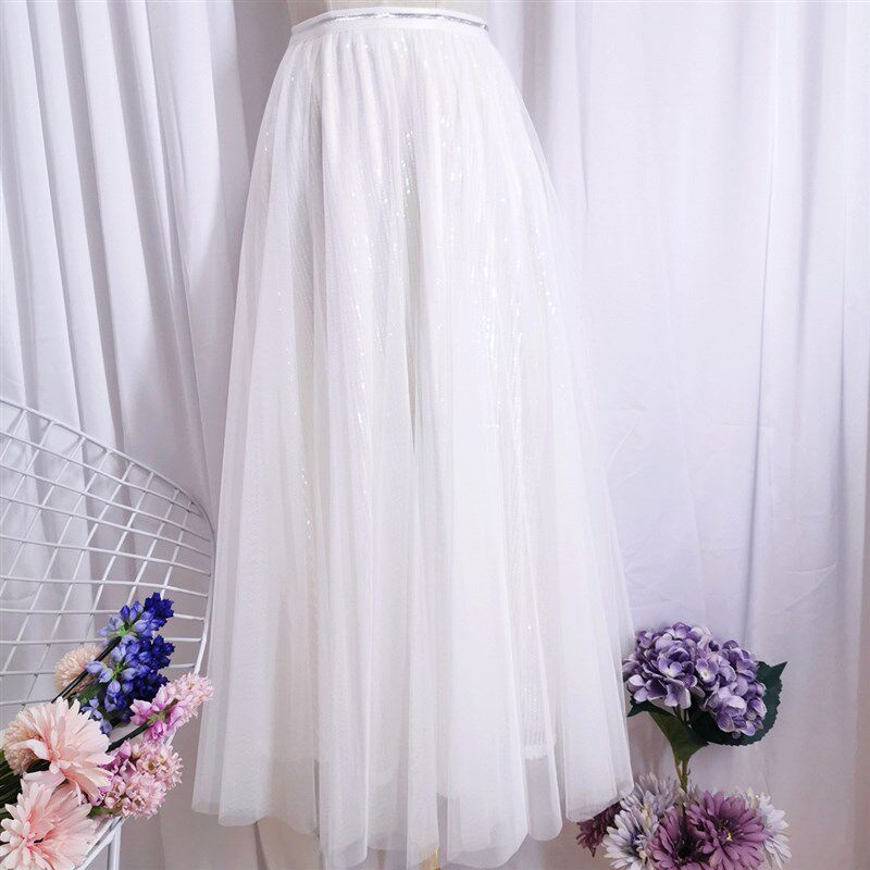 白色半身裙女a字高腰大码显瘦遮肚子中长款梦幻星空网纱仙女裙