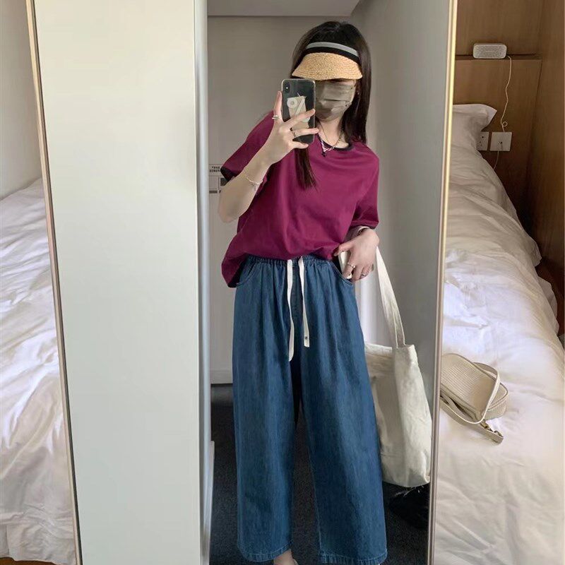 大碗plus定制大码女装微胖牛仔抽绳阔脚夏宽松显瘦休闲哈伦九分裤