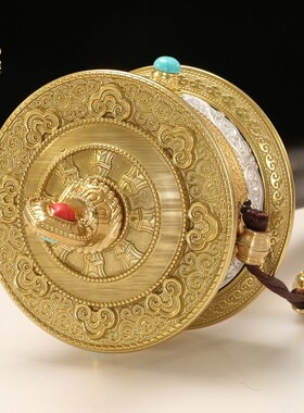 藏式手持转金简宝石镶嵌檀木手柄藏族手摇转金桶西藏转动轮摆件